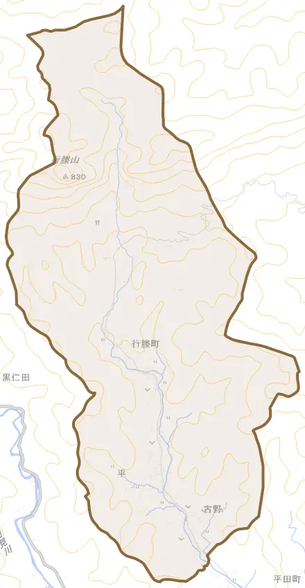 行縢町とその周辺の地図。町の範囲を重ねている