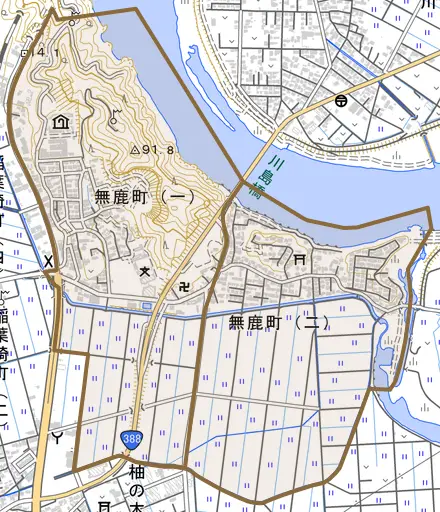 無鹿町とその周辺の地図。町の範囲を重ねている
