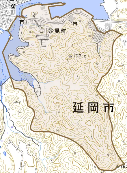 妙見町とその周辺の地図。町の範囲を重ねている