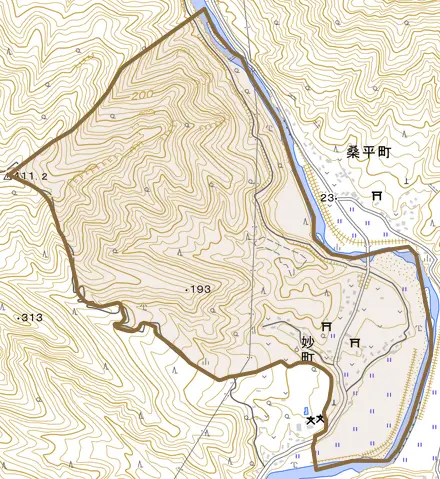 妙町とその周辺の地図。町の範囲を重ねている
