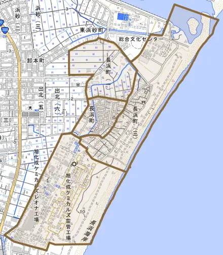 長浜町とその周辺の地図。町の範囲を重ねている