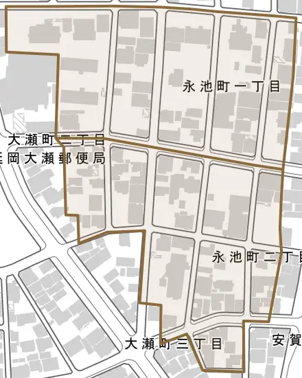 永池町とその周辺の地図。町の範囲を重ねている