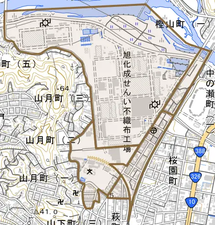 中川原町とその周辺の地図。町の範囲を重ねている