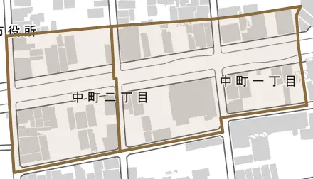 中町とその周辺の地図。町の範囲を重ねている