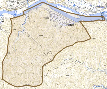 中三輪町とその周辺の地図。町の範囲を重ねている
