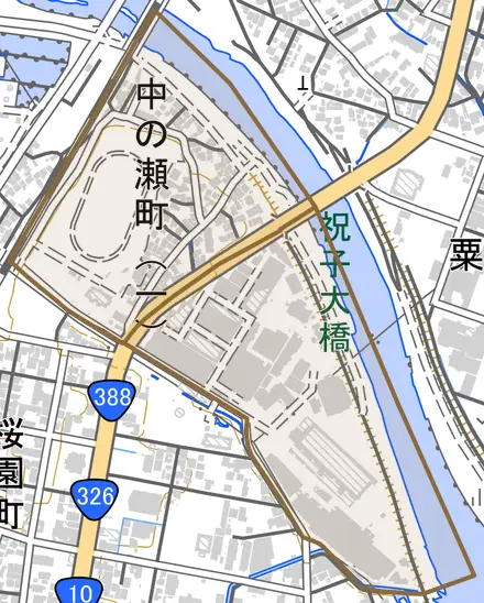 中の瀬町とその周辺の地図。町の範囲を重ねている
