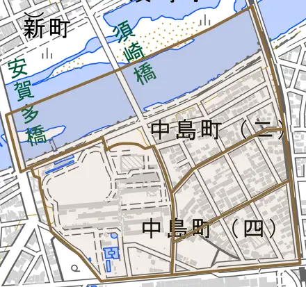 中島町とその周辺の地図。町の範囲を重ねている