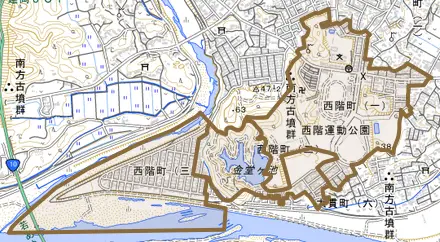 西階町とその周辺の地図。町の範囲を重ねている