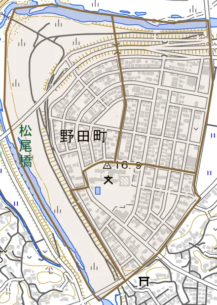 野田とその周辺の地図。町の範囲を重ねている