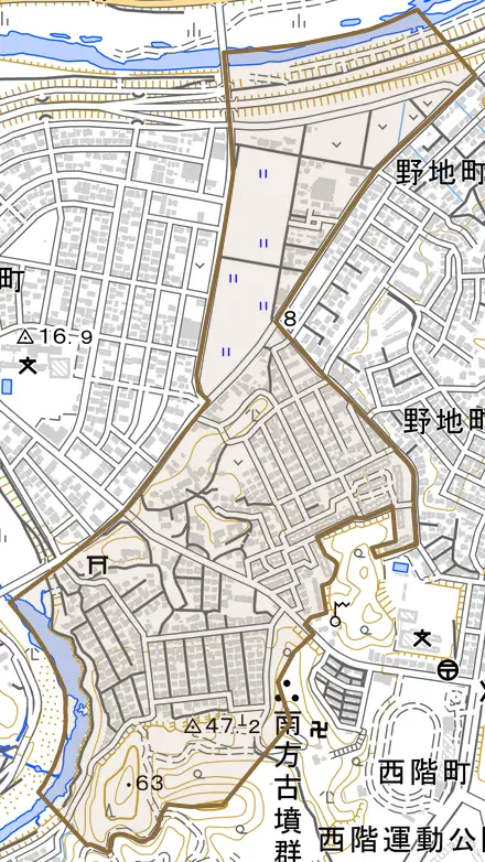野田町とその周辺の地図。町の範囲を重ねている