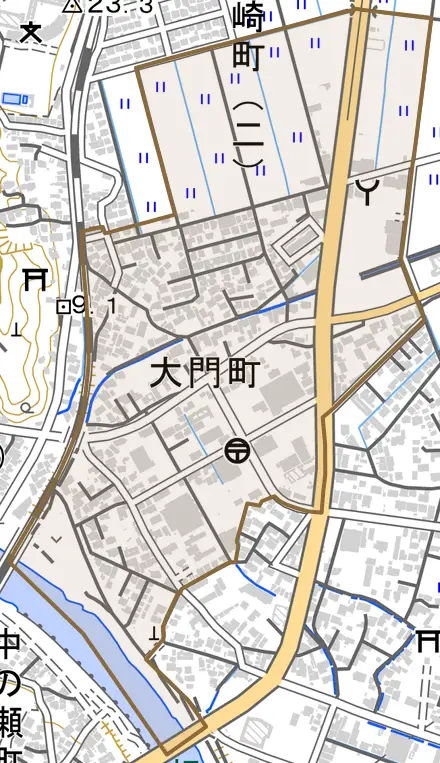 大門町とその周辺の地図。町の範囲を重ねている