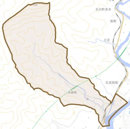 大峡町とその周辺の地図。町の範囲を重ねている
