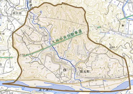 岡元町とその周辺の地図。町の範囲を重ねている