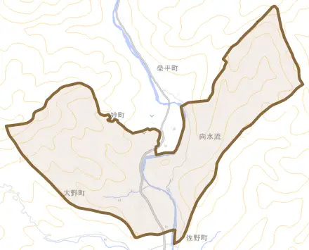 大野町とその周辺の地図。町の範囲を重ねている