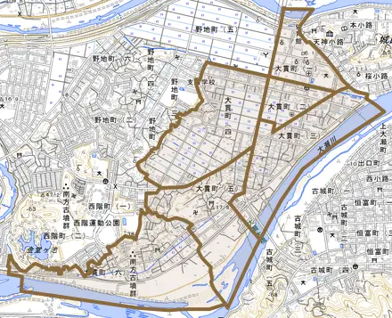 大貫町とその周辺の地図。町の範囲を重ねている