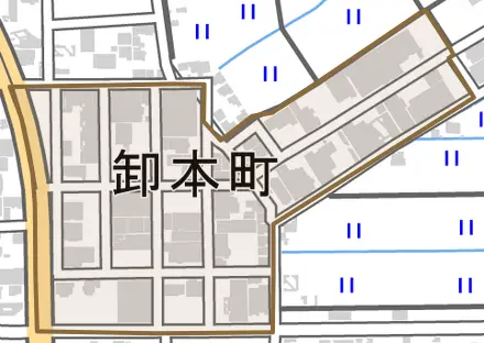卸本町とその周辺の地図。町の範囲を重ねている