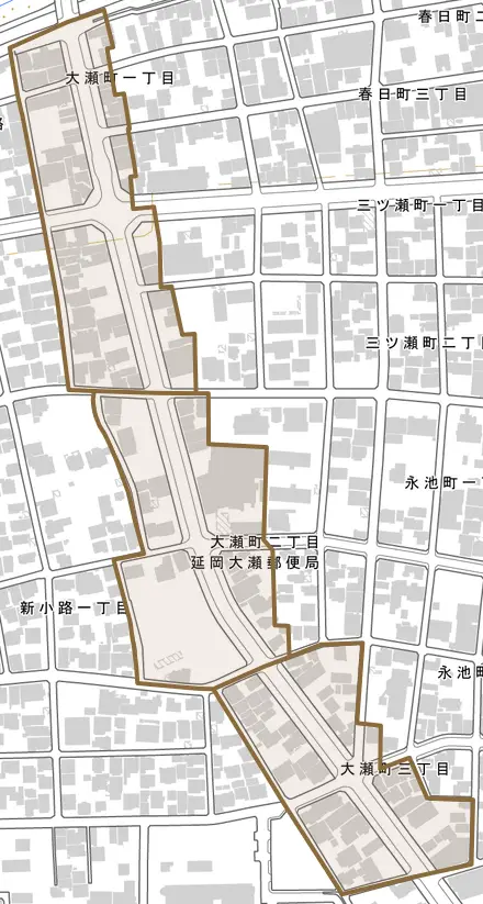 大瀬町とその周辺の地図。町の範囲を重ねている