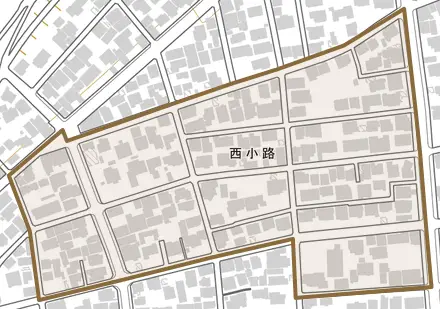 西小路とその周辺の地図。町の範囲を重ねている