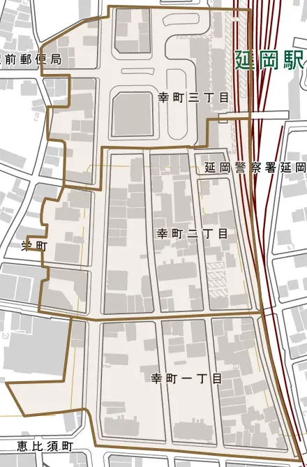 幸町とその周辺の地図。町の範囲を重ねている