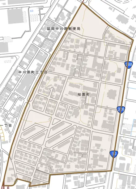 桜園町とその周辺の地図。町の範囲を重ねている