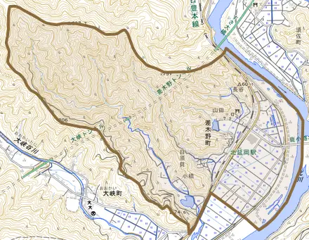 差木野町とその周辺の地図。町の範囲を重ねている