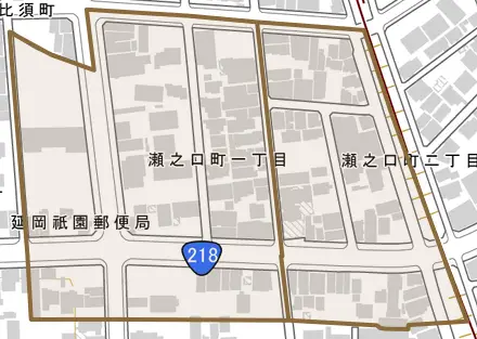 瀬之口町とその周辺の地図。町の範囲を重ねている