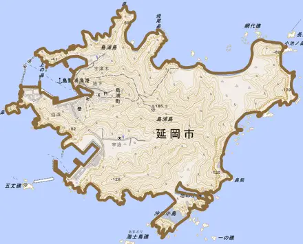 島浦町とその周辺の地図。町の範囲を重ねている