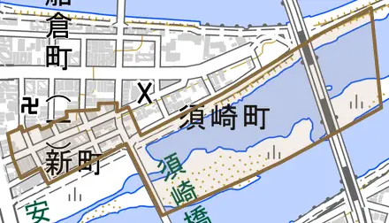新町とその周辺の地図。町の範囲を重ねている