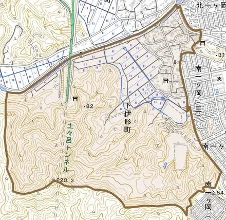 下伊形町とその周辺の地図。町の範囲を重ねている