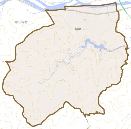 下三輪町とその周辺の地図。町の範囲を重ねている