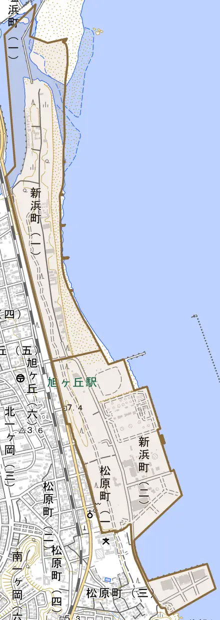 新浜町とその周辺の地図。町の範囲を重ねている