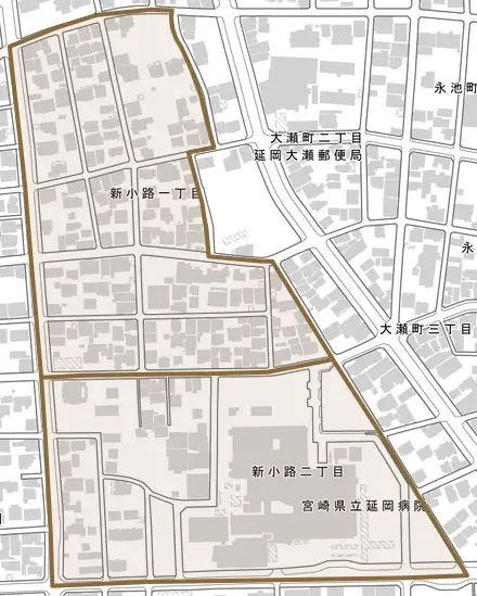 新小路とその周辺の地図。町の範囲を重ねている