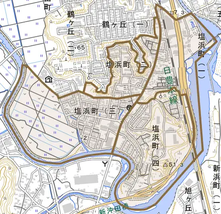 塩浜町とその周辺の地図。町の範囲を重ねている