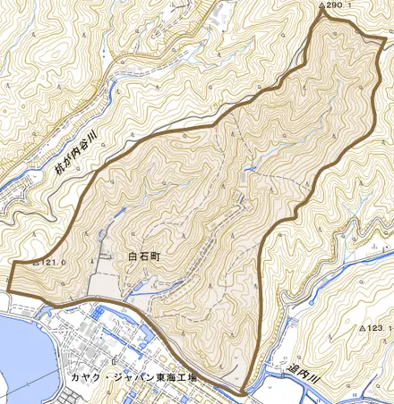 白石町とその周辺の地図。町の範囲を重ねている
