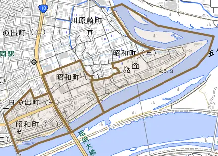 昭和町とその周辺の地図。町の範囲を重ねている