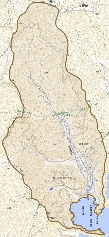 須美江町とその周辺の地図。町の範囲を重ねている