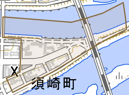 須崎町とその周辺の地図。町の範囲を重ねている