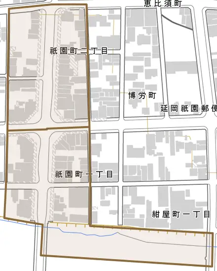 祇園町とその周辺の地図。町の範囲を重ねている