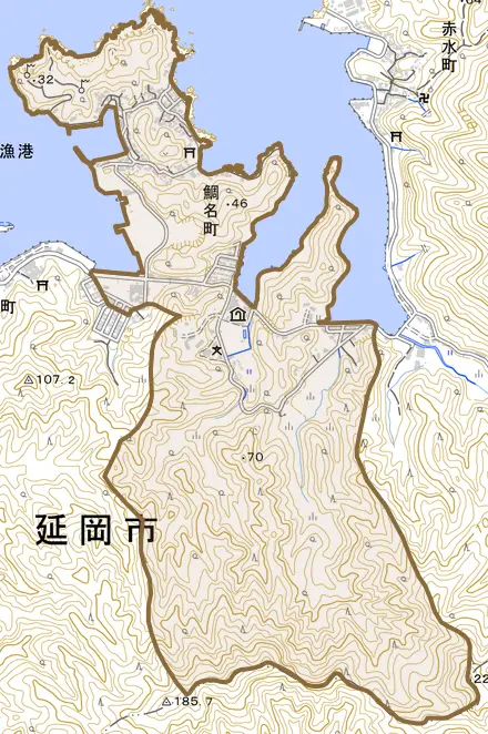 鯛名町とその周辺の地図。町の範囲を重ねている
