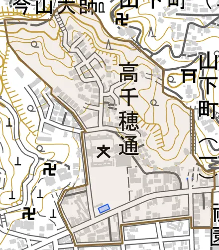 高千穂通とその周辺の地図。町の範囲を重ねている