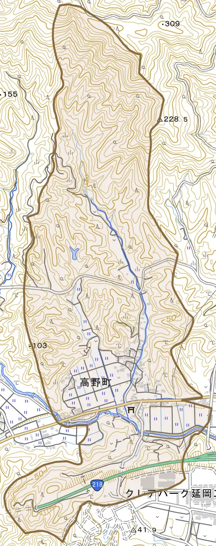 高野町とその周辺の地図。町の範囲を重ねている