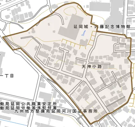 天神小路とその周辺の地図。町の範囲を重ねている