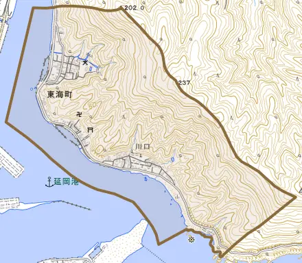 東海町とその周辺の地図。町の範囲を重ねている