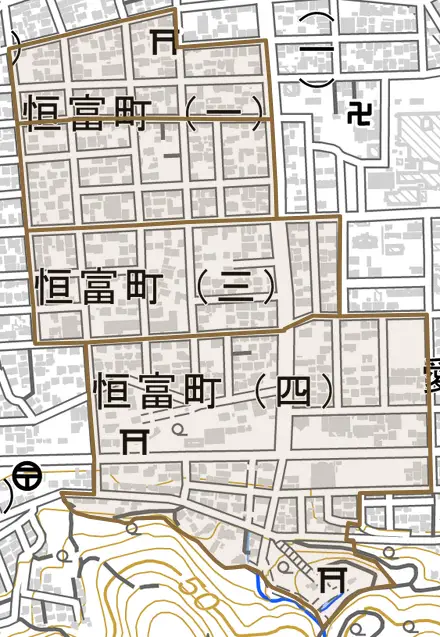 恒富町とその周辺の地図。町の範囲を重ねている