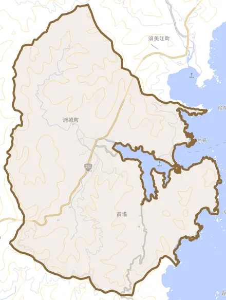浦城町とその周辺の地図。町の範囲を重ねている