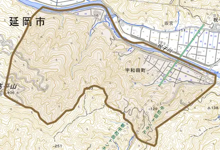 宇和田町とその周辺の地図。町の範囲を重ねている