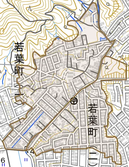 若葉町とその周辺の地図。町の範囲を重ねている