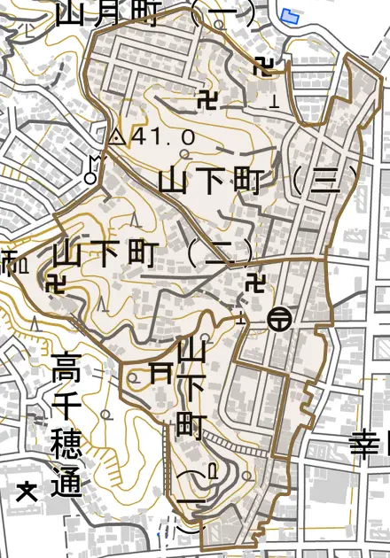 山下町とその周辺の地図。町の範囲を重ねている