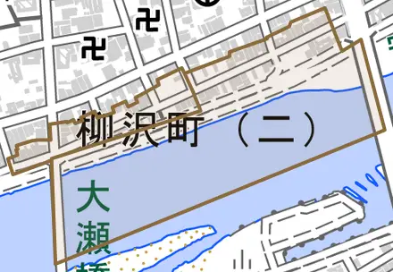 柳沢町とその周辺の地図。町の範囲を重ねている
