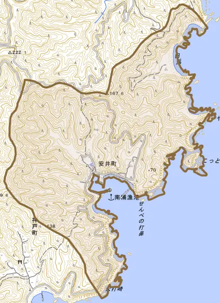 安井町とその周辺の地図。町の範囲を重ねている